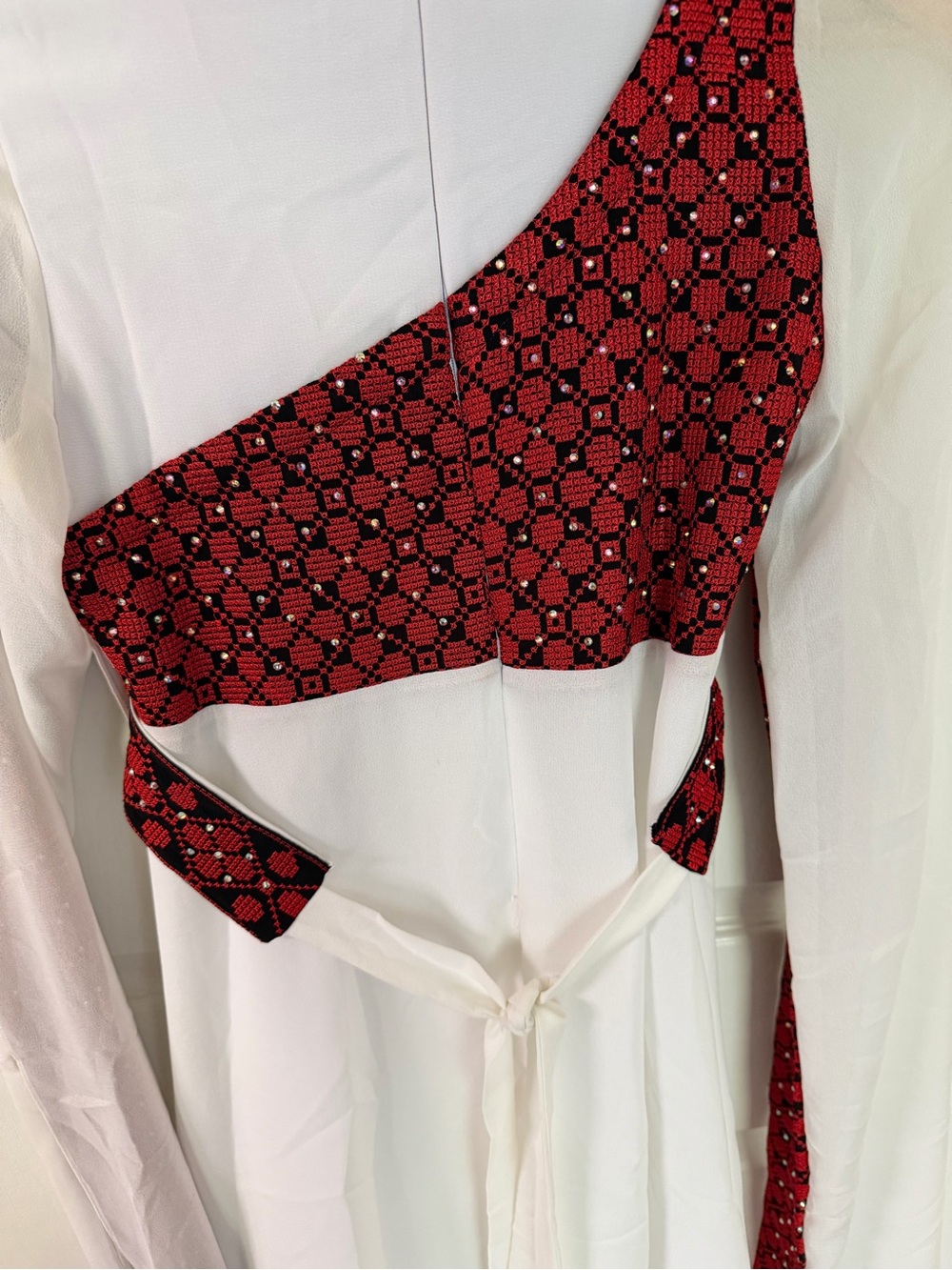 White Dress with Red Geometric Trim